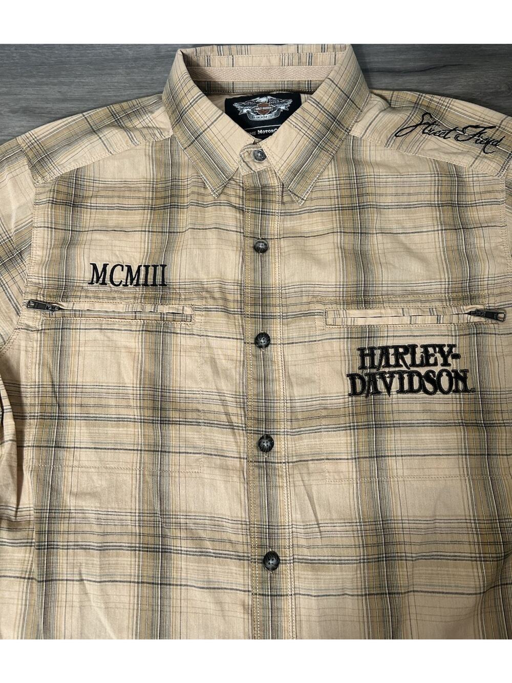 Harley Davidson MotorClothes Mens M Plaid Embroidered Button Front Shirt Beige